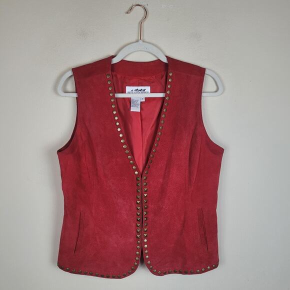 VTG Back In The Saddle Vest Medium Red Suede Leather Western Studs Cowgirl Rodeo - Picture 1 of 9
